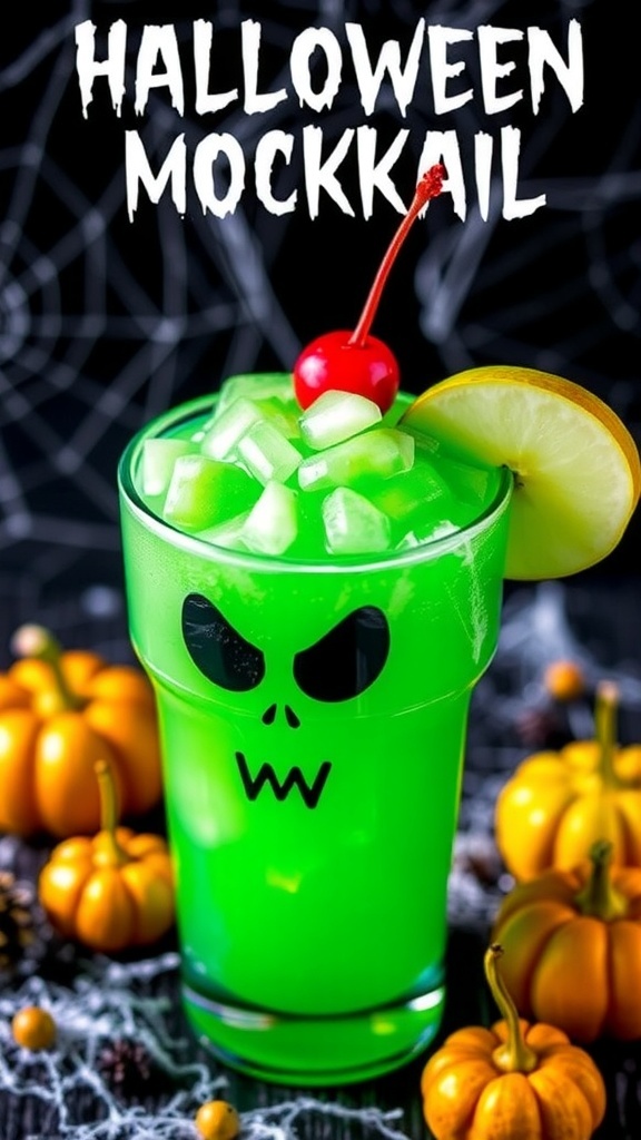 A spooky green apple slush mocktail in a glass, garnished with apple slices and a cherry, set against a Halloween backdrop.